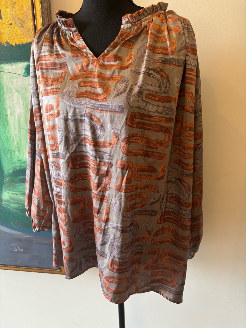 entro Abstract Print Long-Sleeve Blouse in Orange and Gray